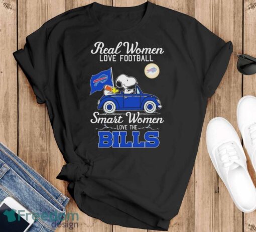 Real Women Love Football Smart Women Love The Peanuts Snoopy And Woodstock Buffalo Bills On Car Shirt Product Photo 1