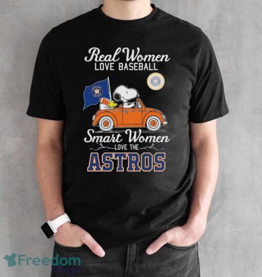 Real Women Love Football Smart Women Love The Peanuts Snoopy And Woodstock Houston Astros On Car Shirt Product Photo 2