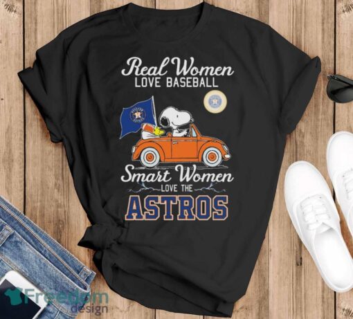 Real Women Love Football Smart Women Love The Peanuts Snoopy And Woodstock Houston Astros On Car Shirt Product Photo 1