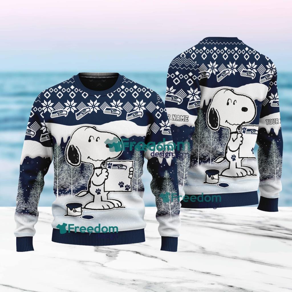 Seattle Seahawks Nfl Snoopy Pine Tree Christmas Ugly Sweater Custom Name Product Photo 1