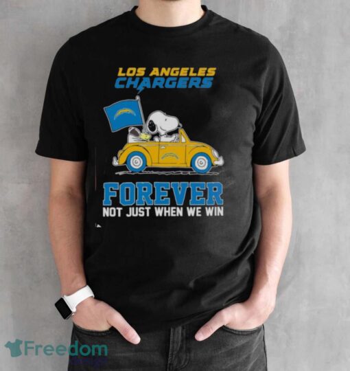 Snoopy and Woodstock driving car Los Angeles Chargers forever not just when we win shirt Product Photo 2