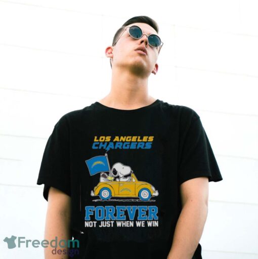 Snoopy and Woodstock driving car Los Angeles Chargers forever not just when we win shirt Product Photo 3