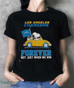 Snoopy and Woodstock driving car Los Angeles Chargers forever not just when we win shirt Product Photo 4