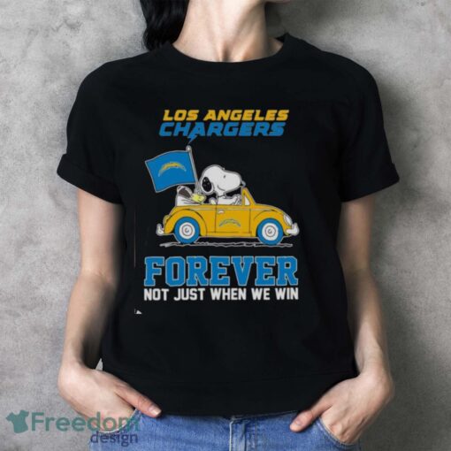 Snoopy and Woodstock driving car Los Angeles Chargers forever not just when we win shirt Product Photo 4