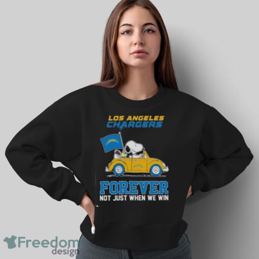 Snoopy and Woodstock driving car Los Angeles Chargers forever not just when we win shirt Product Photo 5