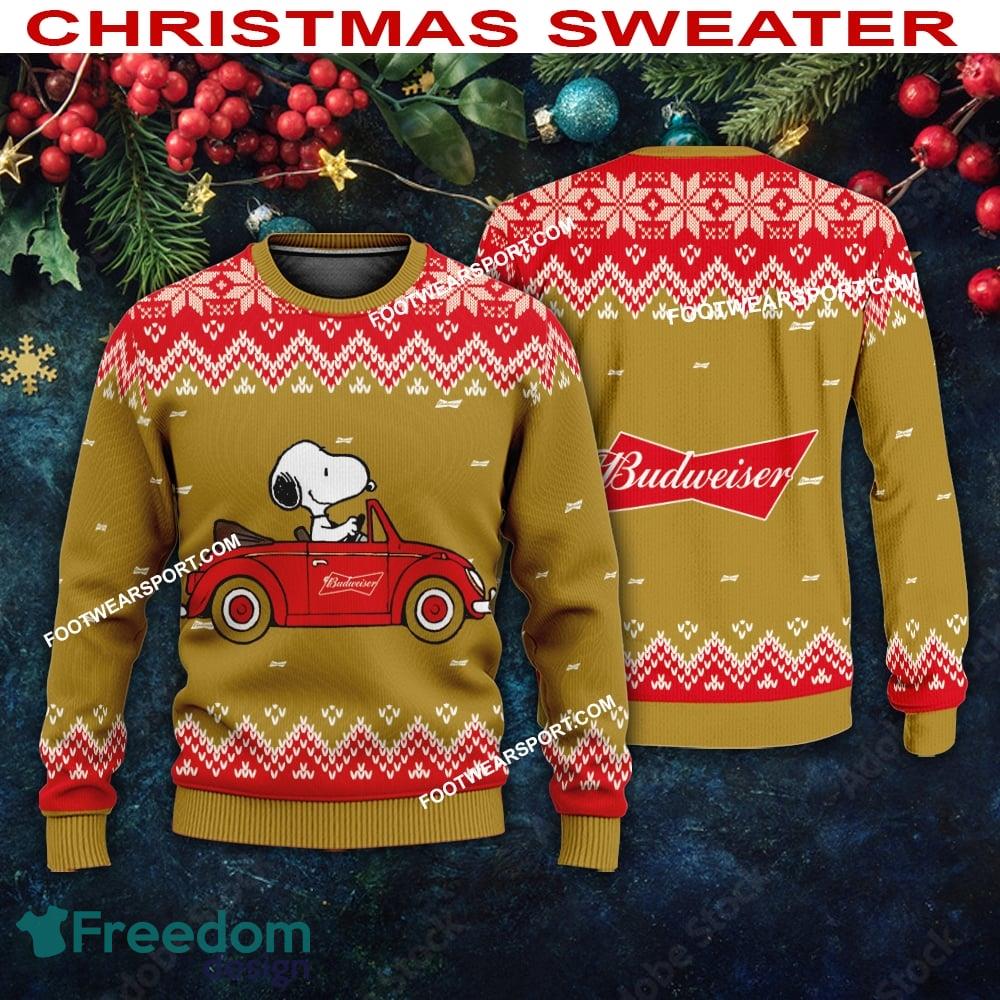 Snoopy Driving Car Budweiser Beer Logo Ugly Christmas Sweater AOP For Men Women image Snoopy Driving Car Budweiser Beer Logo Ugly Christmas Sweater AOP For Men Women - Snoopy Driving Car Budweiser Beer Logo Ugly Christmas Sweater AOP For Men Women