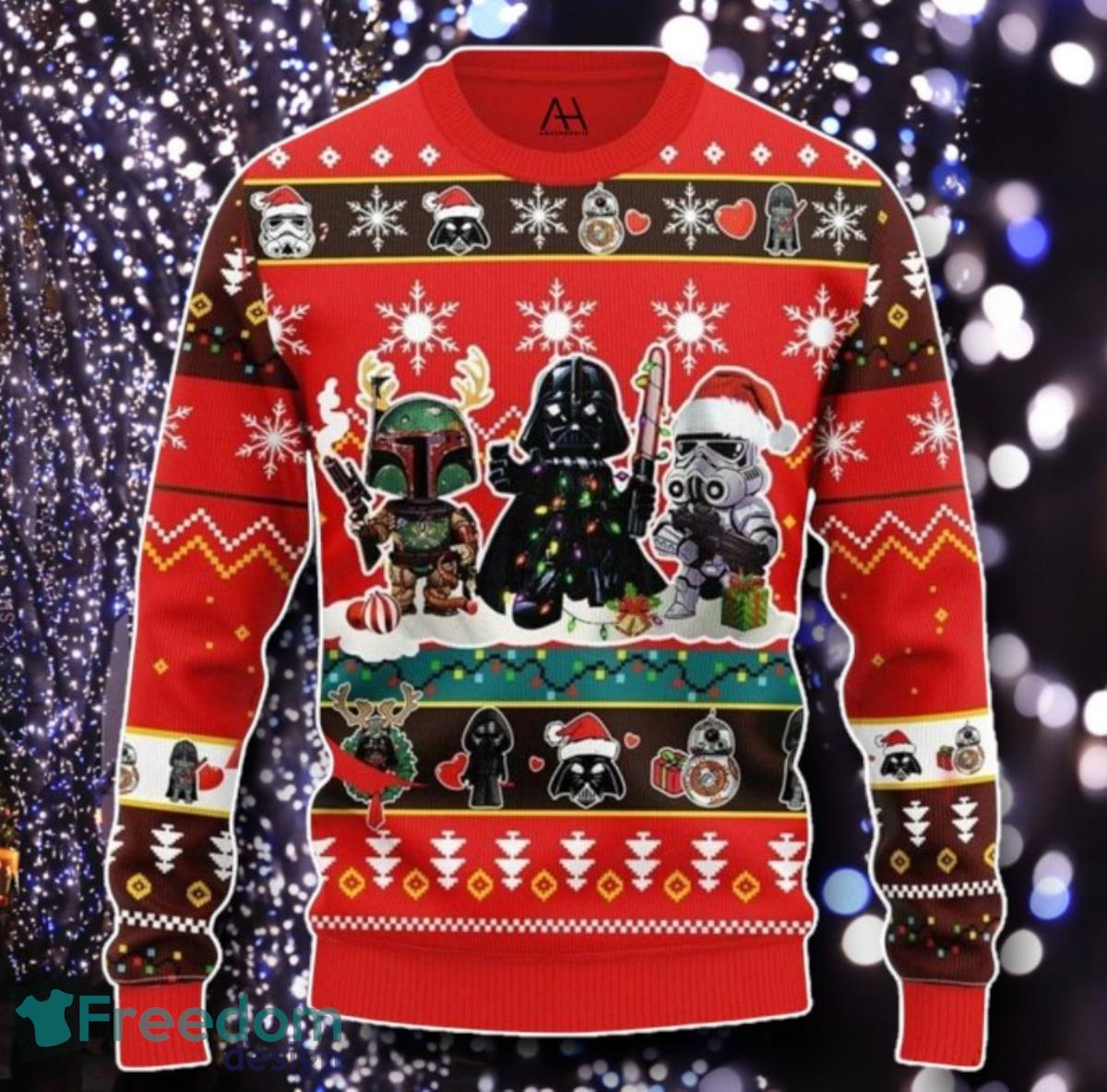 Star Wars Cute Boba Fett Darth Vader Mandalorian Ugly Christmas Sweater Unique Gift Jumper image Star Wars Cute Boba Fett Darth Vader Mandalorian Ugly Christmas Sweater Unique Gift Jumper Product Photo 1