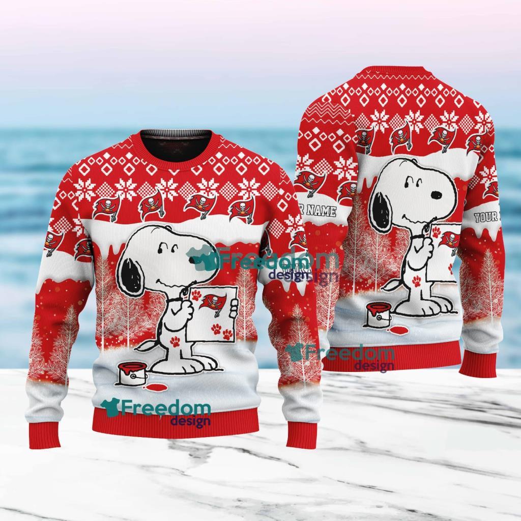 Tampa Bay Buccaneers Nfl Snoopy Pine Tree Christmas Ugly Sweater Custom Name Product Photo 1