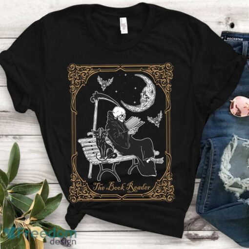 The Book Reader Tarot Card Hooded Skeleton Reading, Tarot card, Books lovers Shirt Product Photo 1