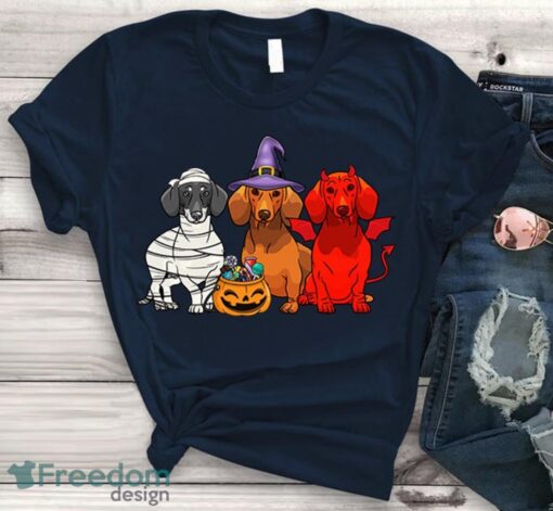 Three Dachshund Dog Shirt - Mummy Witch Demon Funny Halloween Gift TShirt Product Photo 1