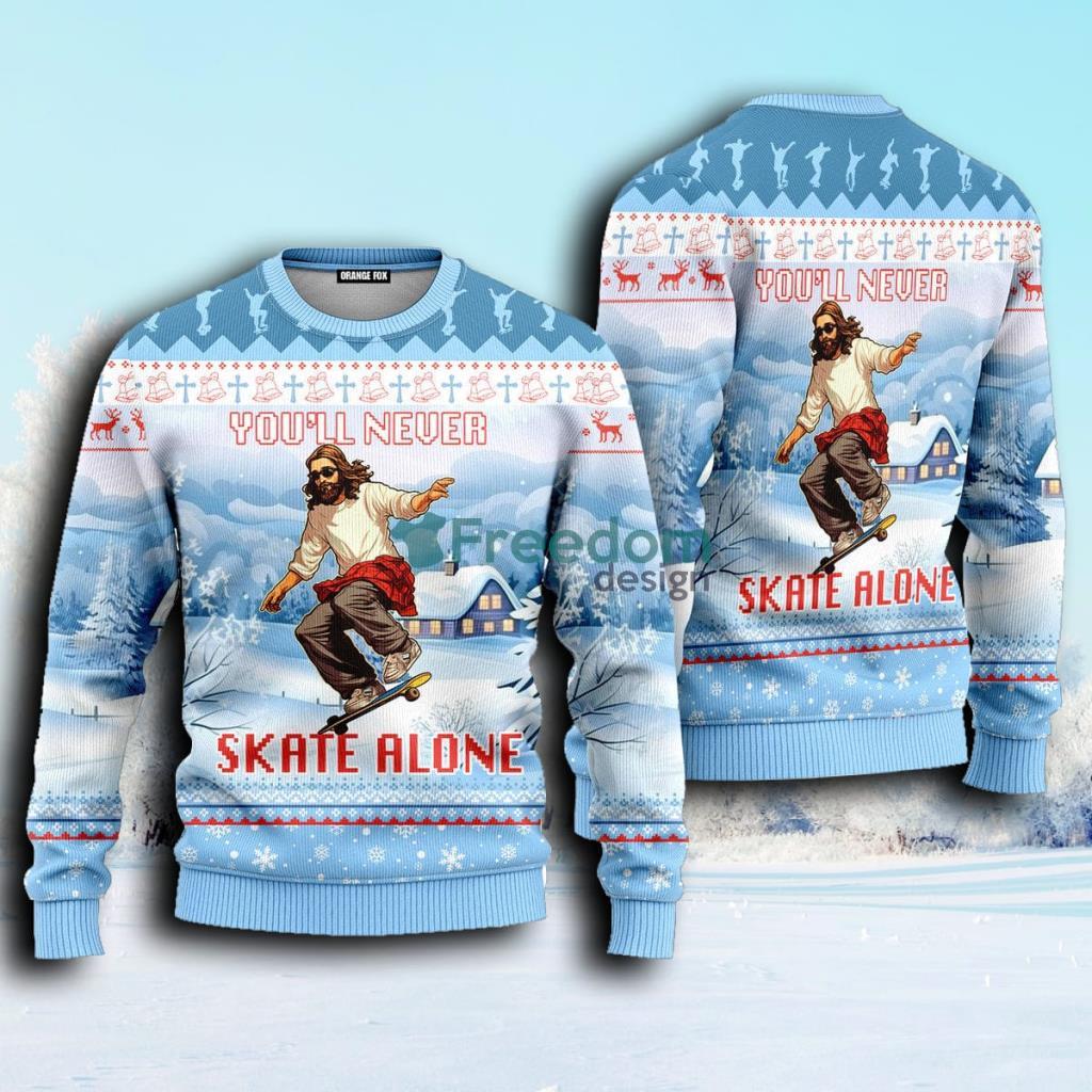 Youll Never Skate Alone Funny Jesus Skateboarding Ugly Christmas Sweater For Men And Women image Youll Never Skate Alone Funny Jesus Skateboarding Ugly Christmas Sweater For Men And Women Product Photo 1