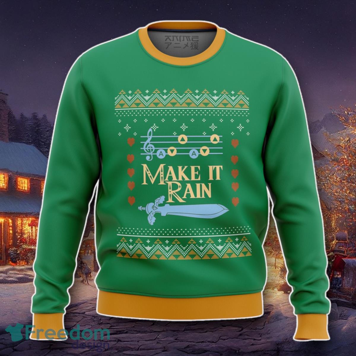 Zelda Make It Rain Ugly Christmas Sweater A Luxurious Gift image Zelda Make It Rain Ugly Christmas Sweater A Luxurious Gift Product Photo 1