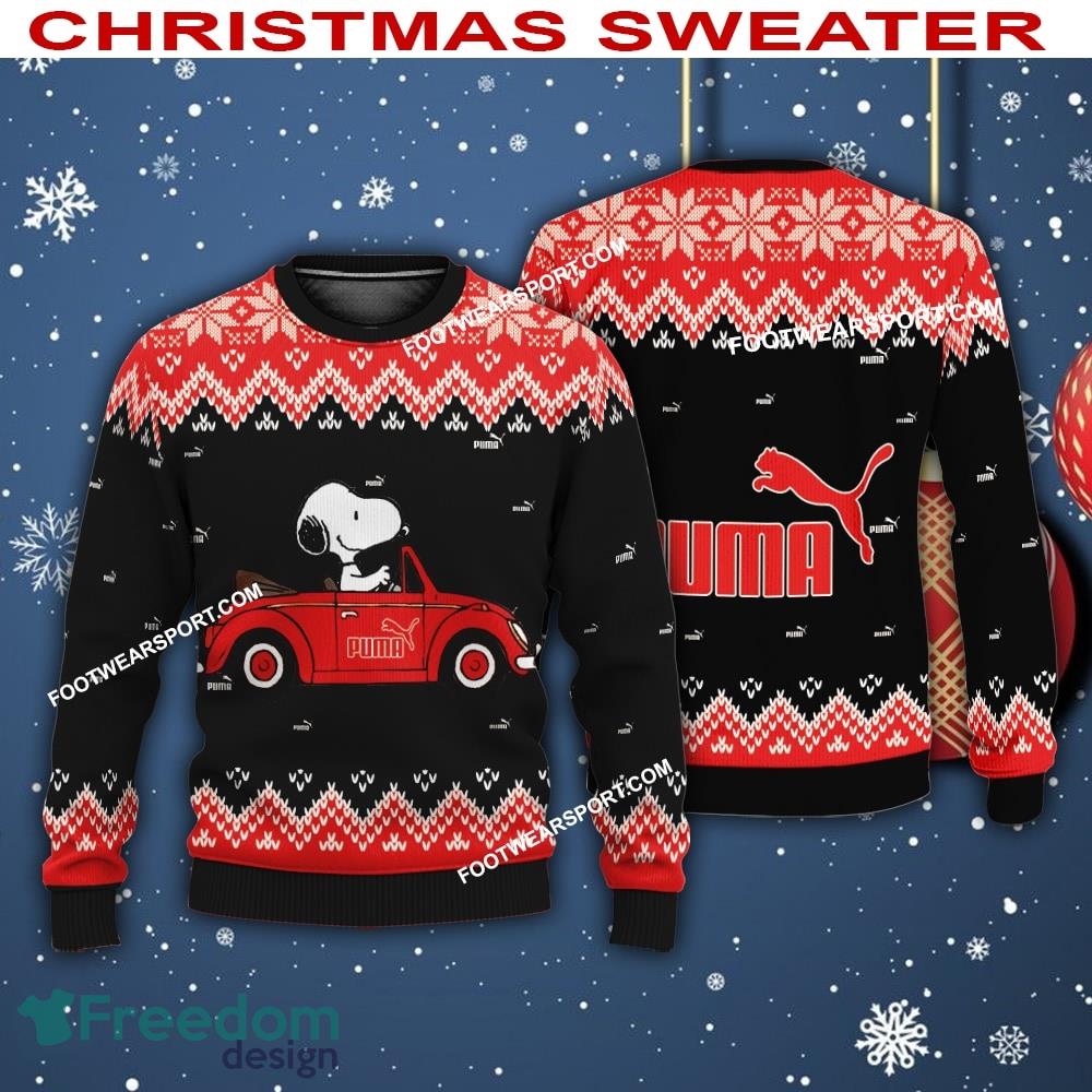 Snoopy Driving Car Puma Logo Ugly Xmas Sweater AOP For Men Women image Snoopy Driving Car Puma Logo Ugly Xmas Sweater AOP For Men Women - Snoopy Driving Car Puma Logo Ugly Xmas Sweater AOP For Men Women