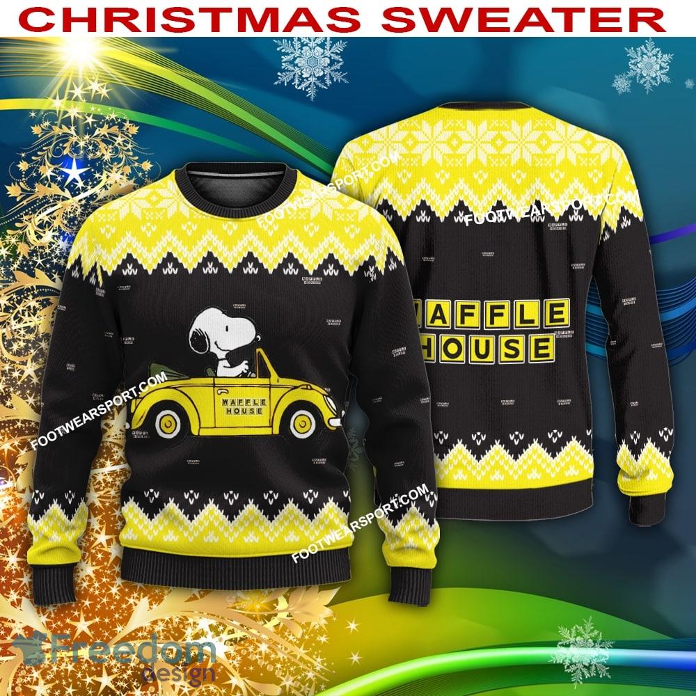 Snoopy Driving Car Waffle House Logo Ugly Xmas Sweater For Men Women image Snoopy Driving Car Waffle House Logo Ugly Xmas Sweater For Men Women - Snoopy Driving Car Waffle House Logo Ugly Xmas Sweater For Men Women